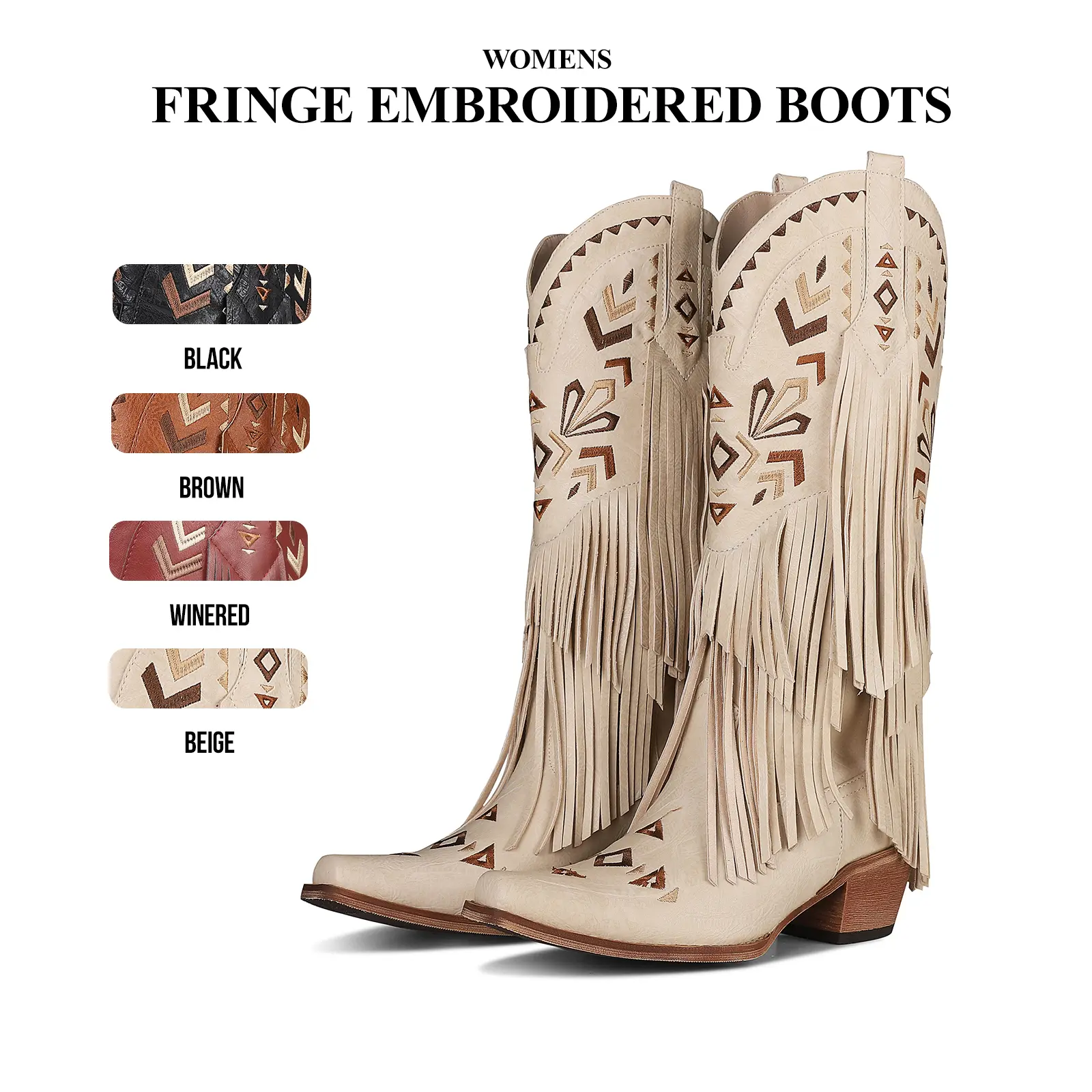 CYNLLIO Womens Fringe Mid Calf Classic Embroidered Cowgirl Boots Pointed Toe Chunky Block Heel Tassel Pull on Comfy Fashionable Party Outing Dating Holiday Concert Dance Dress Summer Western Cowgirl Boots