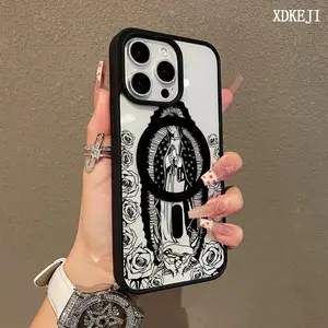 Magnetic Phone Case for iPhone 16 15 14 Pro Max 13 12 11 XR XS Plus Virgin Mary Pattern Acrylic Back Case Clear support wireless charging Bumper Cover
