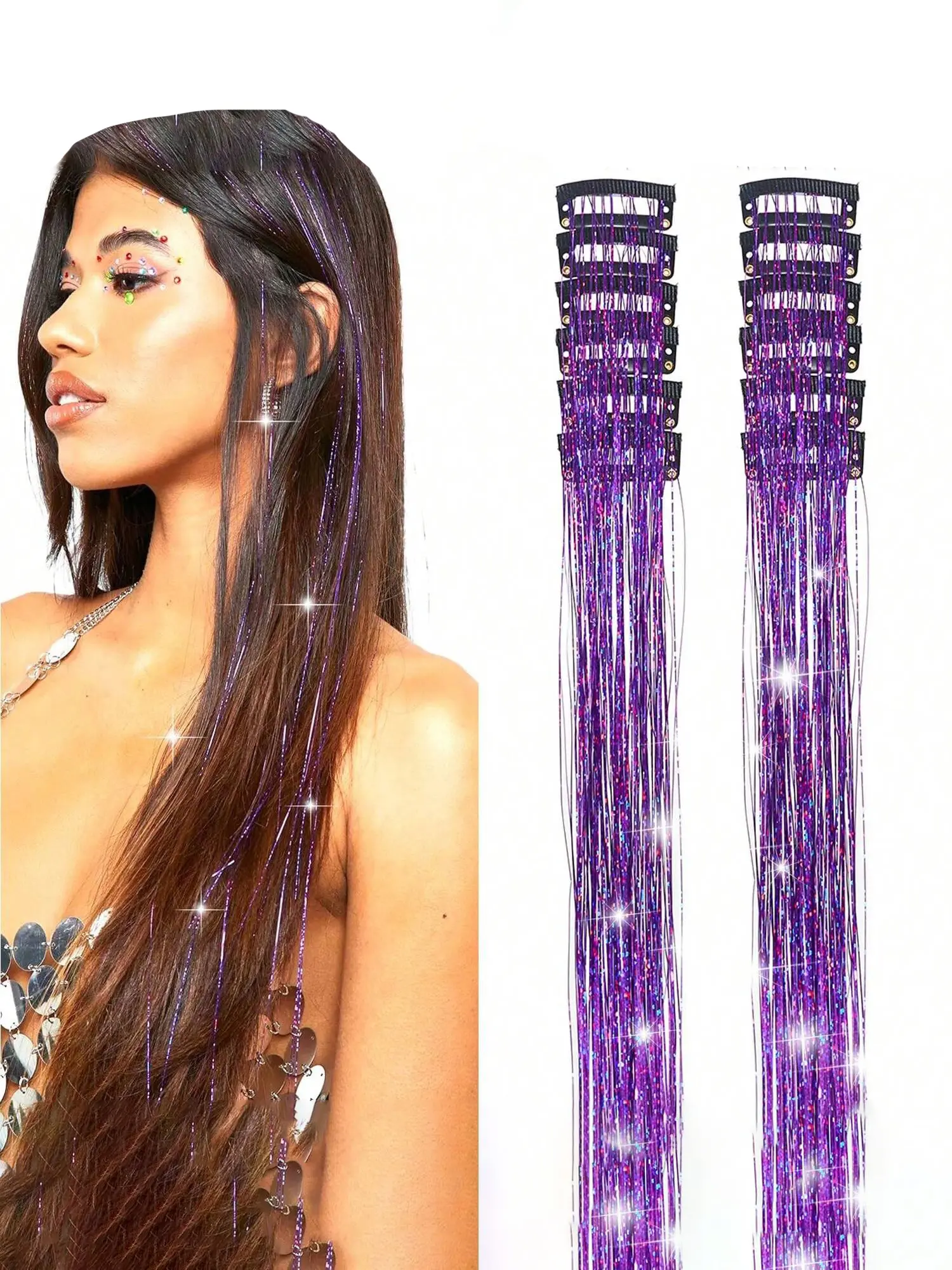 6pcs Hair Tinsel Clip in 23.6 Inch Glitter Tinsel Synthetic Extensions Hair Extensions, Heat Resistant Shiny Sparkle Fairy Hair Accessories Hairpieces for Women Girls Kids
