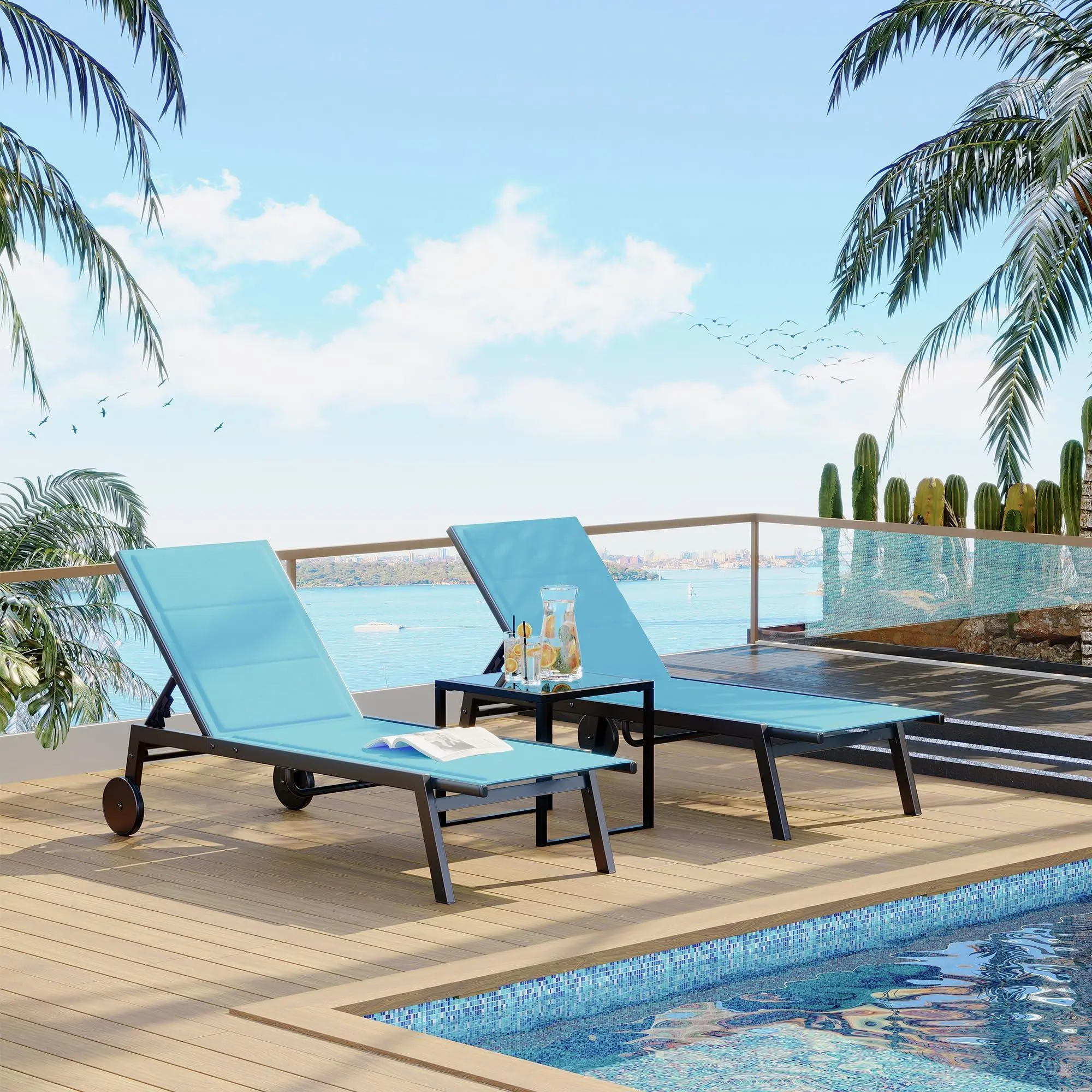 GAOMON Pool Lounge Chairs Set of 3, Outdoor Chaise Lounge Chairs with Adjustable 5-Position Backrest & Wheels, Patio Poolside Loungers with Side Table, Textilene Fabric, Heavy Duty Metal Frame,Blue