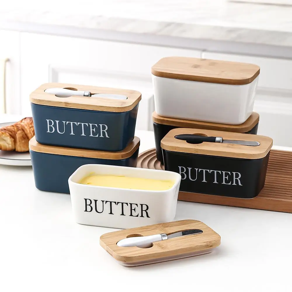 Ceramic Butter Dish Set, 1/10pcs Butter Box with Bamboo Wooden Lid & Knife, Modern Silicone Seal Food Storage Container for Home Kitchen, Kitchen Acce