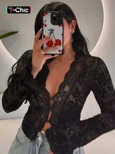 Women's Floral Pattern Sheer Mesh Crop Top, Casual Scallop Trim Flounce Long Sleeve V Neck Top, Ladies Clothes for Party Club, Womenswear