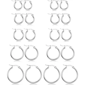 FLORIDECO 5-10 Pairs Stainless Steel Hoop Earrings Set for Women Men Nickel Free Daily Use Rounded Design Clasp Small Hoop Earrings