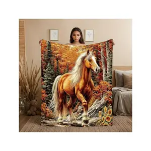 Vibrant Golden Horse in Autumn Forest Print Soft Throw Blanket