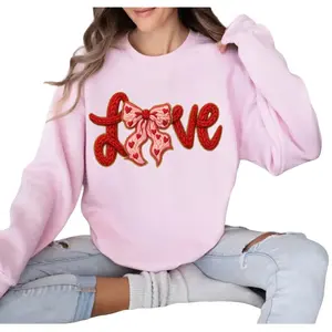 Bow, Faux Yarn Crochet Love Bow Valentines Day, Gold Outline, Latch Hook Yarn Heart, Coquette Retro Valentine Sweatshirt
