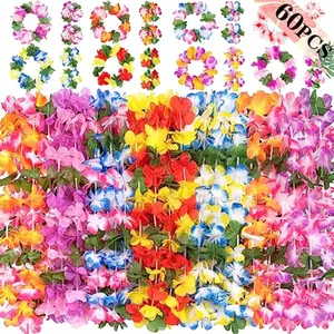 60PCS Hawaiian Luau Leis Necklaces Bracelets Headbands Tropical Hibiscus Flowers Tiki Summer Pool Party Favors Supplies Decorations