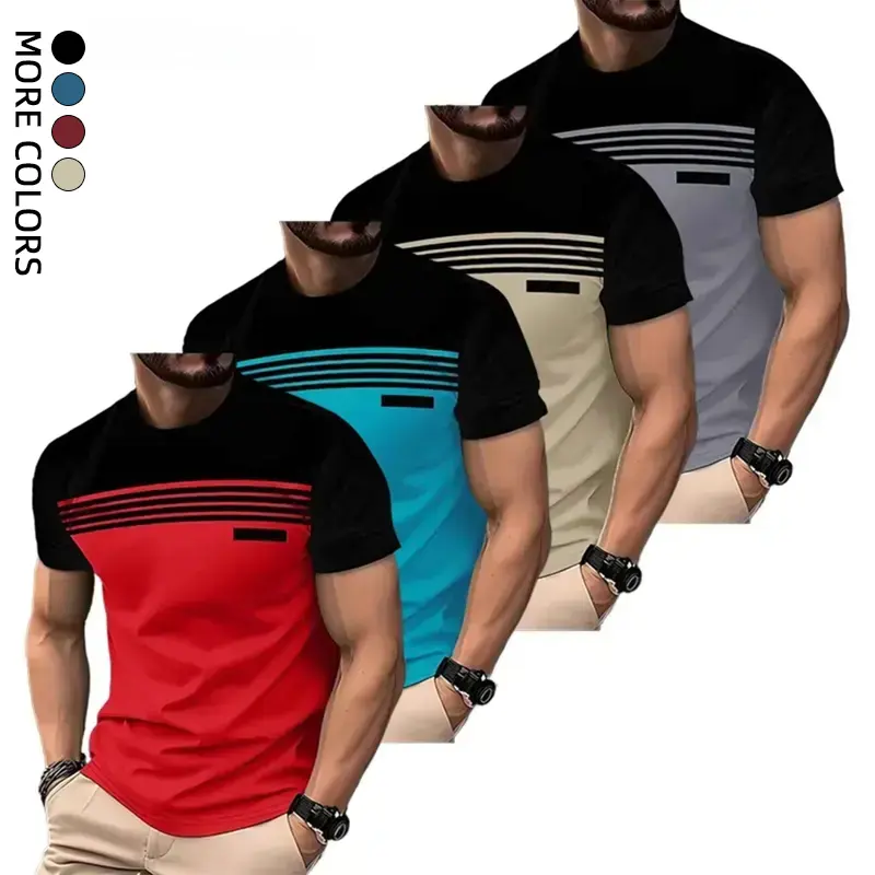 4-Pack Men’s Short Sleeve T-Shirts, Striped Panel Design; Casual Everyday Wear, Comfortable Breathable Fabric, Suitable for Summer.#SummerVibes