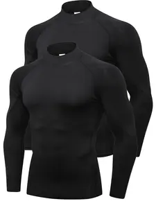 Men's 2pcs Solid Striped Print Compression Shapewear Tee, Casual Long Sleeve High Stretch Shapewear Top, Men's Shapewear Top, Athletic Training Apparel