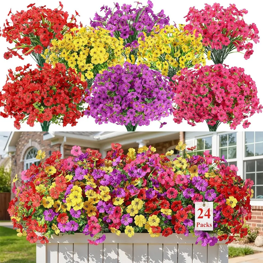 24 Bundles Artificial Flower Set for Outdoors Decoration, Artificial Flower Decorations, Floral Decor, UV Resistant Silk Faux Daisy Flora Spring Plastic Plants Greenery Outdoor Artificial Flowers for Indoor Yard Home Porch Window Box Decor, Mix 4 Colors