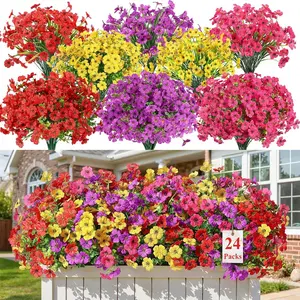 24 Bundles Artificial Flower Set for Outdoors Decoration, UV Resistant Silk Faux Daisy Flora Spring Fake Plastic Plants Greenery Outdoor Artificial Flowers for Outside Indoor Yard Home Porch Window Box Decor, Mix 4 Colors