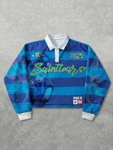 Men's Blue Vintage Polo Sweatshirt, American English Letter & Striped Print, Street Style, Casual Wear, Soft Fabric