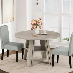 Modern Farmhouse 43'' Round Dining Table with Sturdy Wooden Pedestal, Storage Shelf, Space-Saving Design for Small Kitchens & Dining Rooms, Grey/Black/Wood/Brown-Red/Brown