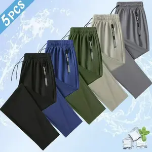 Men's Ice Silk Joggers - Breathable Mid-Elastic Fabric, Elastic Waistband Design, Straight-Leg with Pockets - Solid Color Outdoor Casual Sports Pants, Machine Washable, Comfort Fit, Versatile Style, Durable Material, Perfect for Gym Enthusiasts, Athletic
