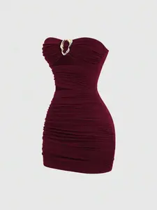 Burgundy Strapless Ruched Mini Dress Bodycon Party Night Outfit
