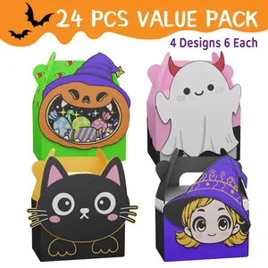 Giphtkom 24PCS Cute Halloween Candy Boxes Trick or Treat Boxes for Snacks Goodie Toys and Gifts, 4 of Cute Pumpkin Ghost Witch and Cat Patterns for Kids Halloween Party Favor Supplies