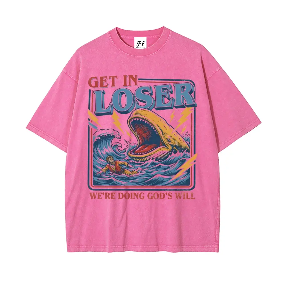 Menswear Oversized Christian Streetwear T-Shirt, Washed Cotton with Jonah and the Whale Graphic, All Season Faith Humor Religious Gift, Bold Print, Stylish, Tshirt, Top, Oversized Tee, High-Quality Cotton, Casual, Soft Cotton