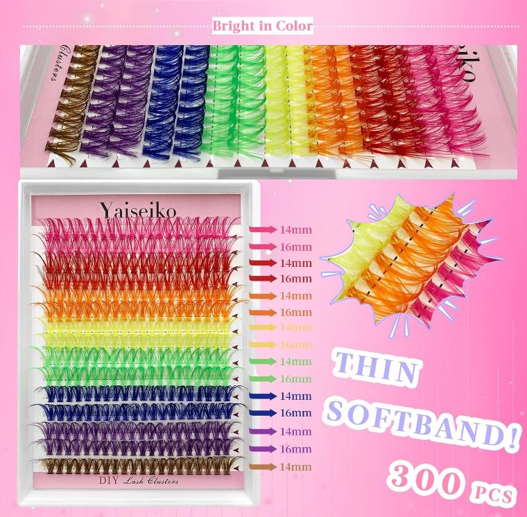 Colorful Lash Extension Kit with 300 Pcs 40D Colored Lash Clusters, Bond and Seal and Applicator 14 16mm Color DIY Eyelash Individual Lashes for Beginners Self Application DIY at Home, by Yaiseiko