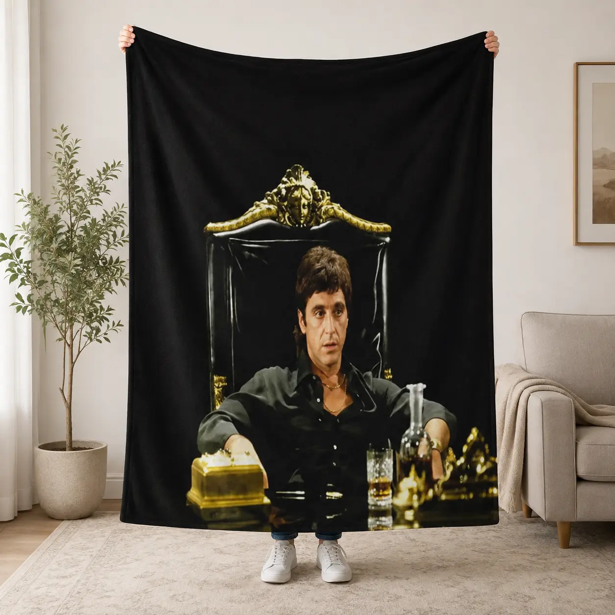 Vintage Crime Boss Collage Blanket, Red Black Gangster Style Throw, Money Theme Fleece Blanket, Movie Lover Gift