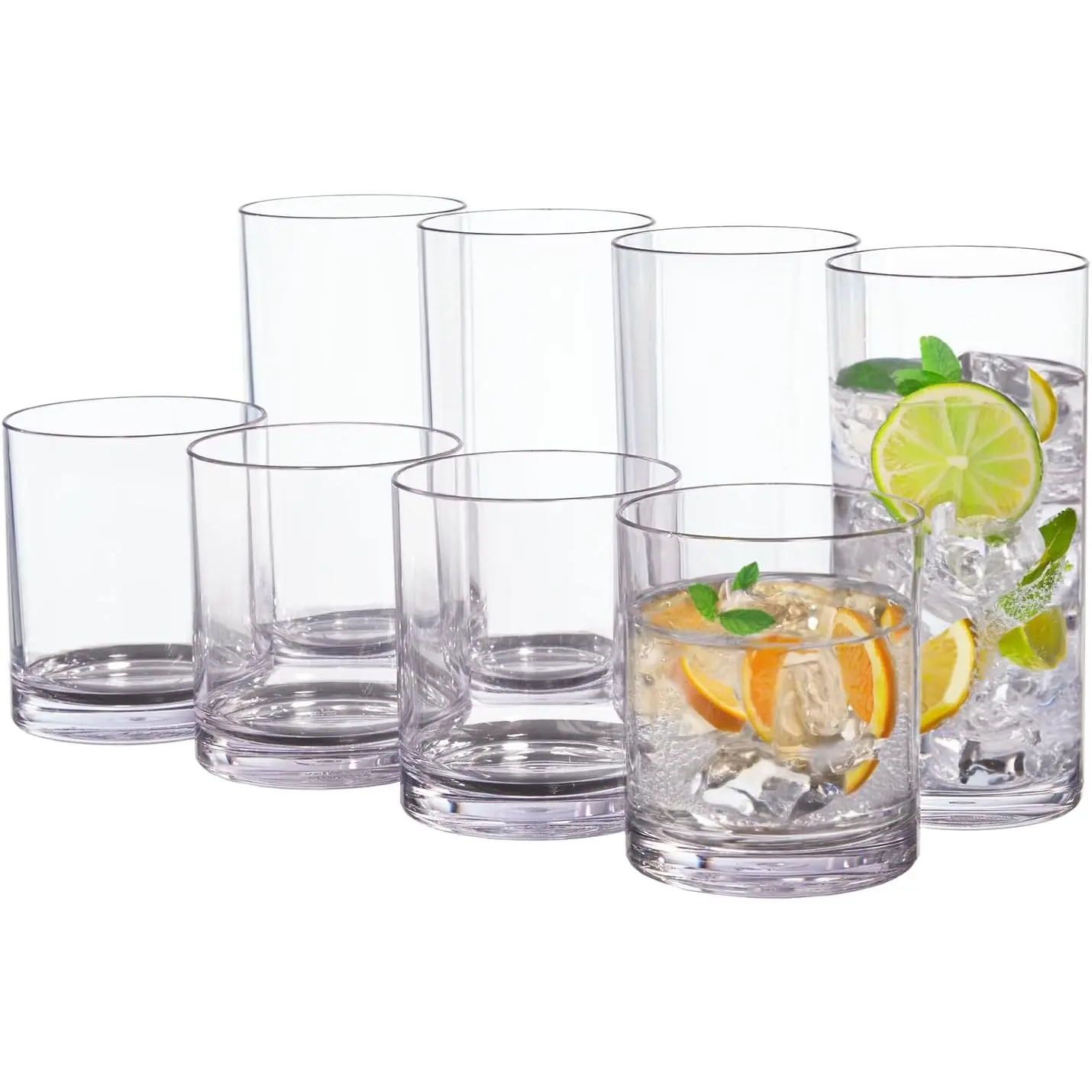 US Acrylic Classic Clear Plastic Reusable Drinking Glasses (Set of 8) 12oz Rocks & 16oz Water Cups |     BPA-Free Tumblers, Made in USA |     Top-Rack Dishwasher Safe