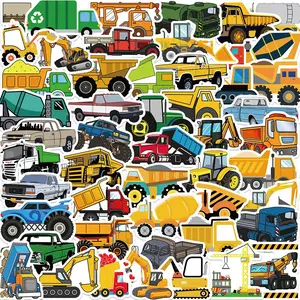 Cartoon Construction Truck Pattern Sticker, 50pcs/set Waterproof Self Adhesive Decor Paper, Decor Sticker for Gift Greeting Card Water Bottle Laptop Phone, Ornaments