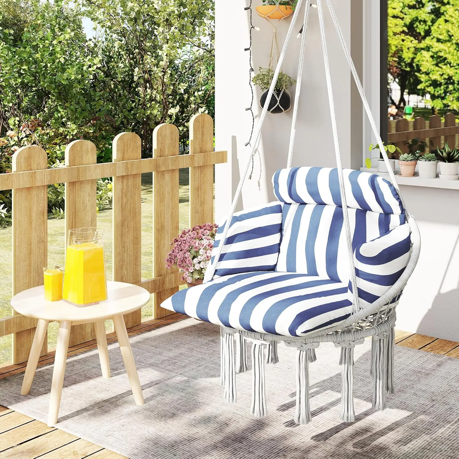 Crestholm Macrame Hammock Swing Chair, Cotton Rope Hanging Chair with Large Cushion, 320gsm Fabric, Chain & Steel Frame, 265 lb Capacity for Indoor & Outdoor Use