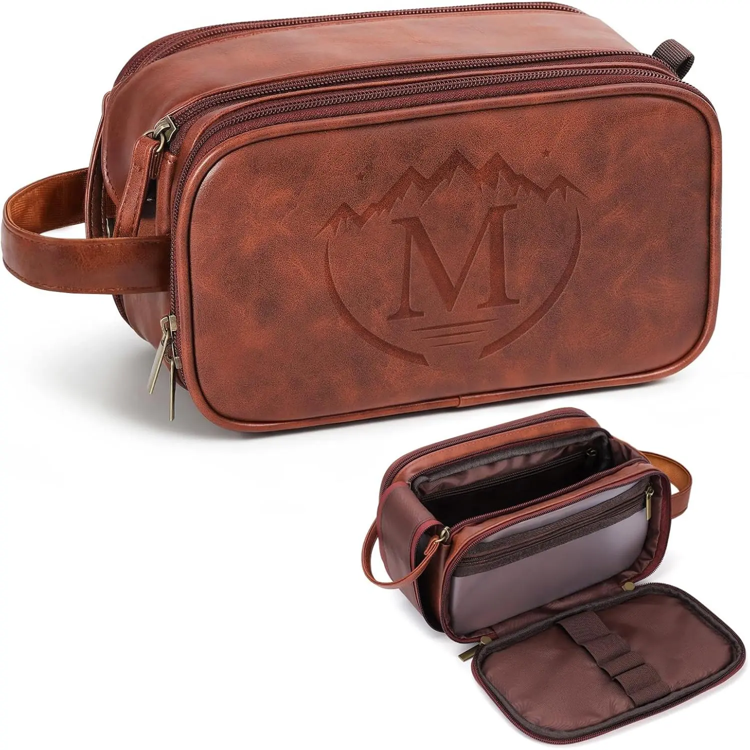 Personalized Gifts Travel Toiletry Bag for Men, Engraved Initial PU Leather  Large Shaving Bag,  Father Day Custom Birthday  for Dad Husband Groomsmen, M
