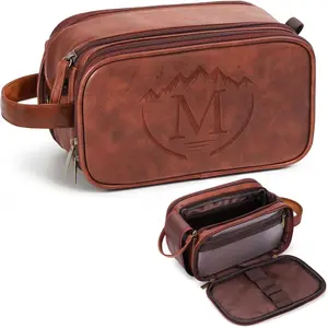 Personalized Gifts Travel Toiletry Bag for Men, Engraved Initial PU Leather  Large Shaving Bag,  Father Day Custom Birthday  for Dad Husband Groomsmen, M