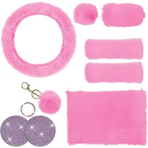 10-Piece Plush Set: Includes Plush Steering Wheel Cover, Warm Plush Gear Shift Knob Cover, Ball-shaped Keychain, Handbrake Cover, Center Console Seat Belt Shoulder Pads, and Diamond Ignition Ring Coaster, Girly Car Interior Sets