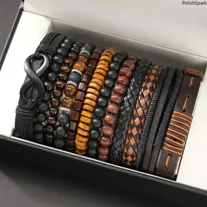 12 Pcs Vintage Leather Bracelet Set for Men & Women | Adjustable Boho Braided Wooden Bead Wristbands summervibes