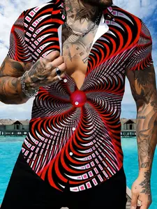 Men's Abstract Geometric Pattern Short Sleeve Collared Shirt, Summer Casual Fashion Print Lapel Top, Art Visual Style Trendy Men's Wear