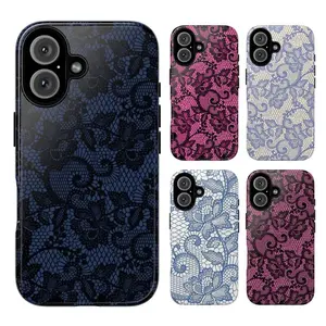 Lace Collage Phone Case Set, Dark Blue Pink Light Blue Medium Blue Black Floral Swirl Mesh Vibes, fashion vibes elegant gift play now, Suitable for iPhone 17-11 Pro Max/Plus and  Samsung Galaxy S23-25