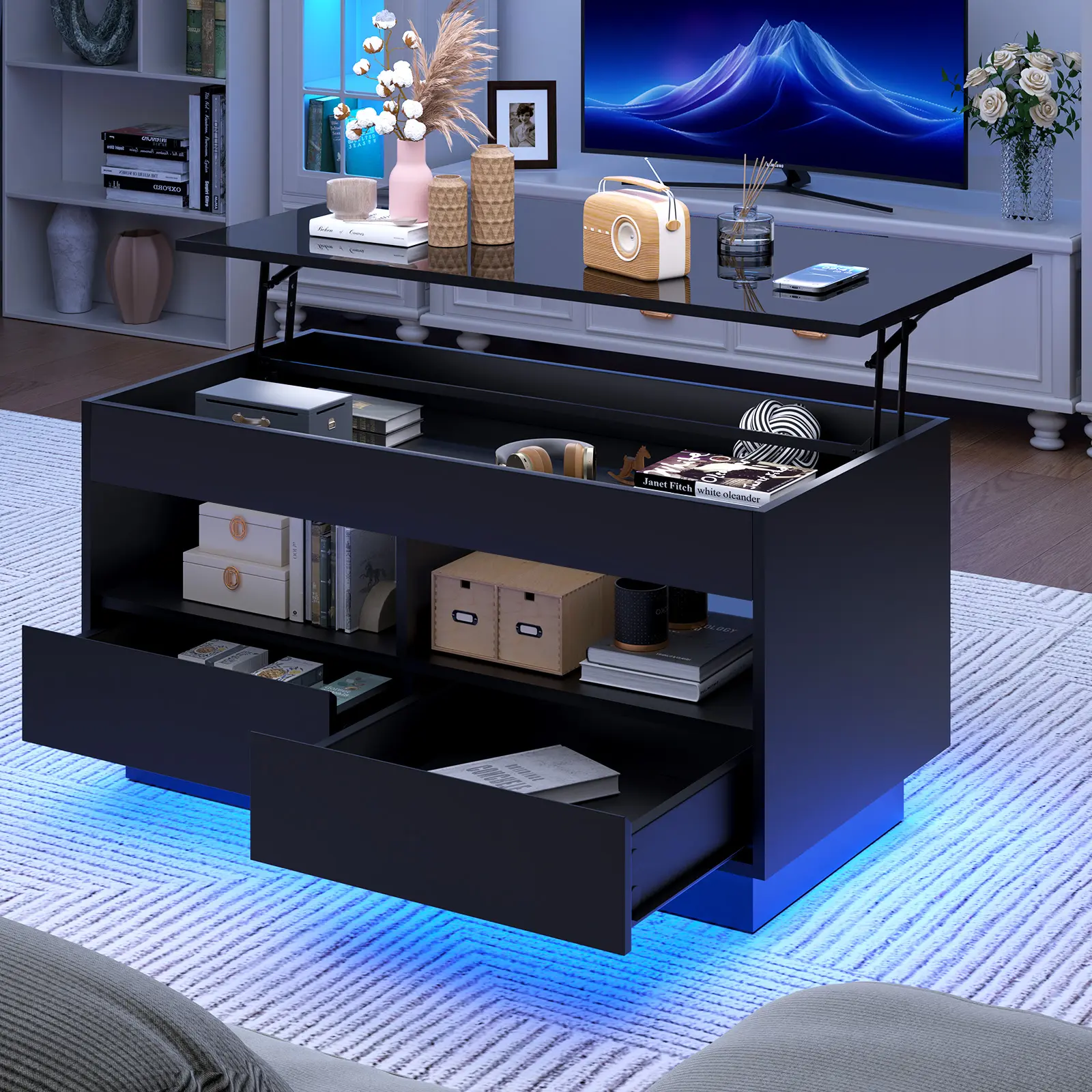 LED Coffee Table with Lift Top Morden Coffee Table with Storage High Gloss Black Sofa Table for Living Room Center Tables Hidden Compartment & 2 Drawers & 2 Open Shelve