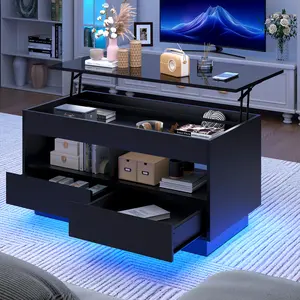 LED Coffee Table with Lift Top Morden Coffee Table with Storage High Gloss Black Sofa Table for Living Room Center Tables Hidden Compartment & 2 Drawers & 2 Open Shelve