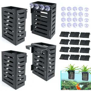 Aquarium Plant Holder 4 PCS Hanging Aquatic Plant Pot with 24 Hooks and 20 Suction Cups for Fish Tank Aquascape Decorations (Black)