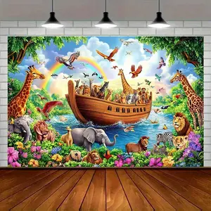 Modern Farmhouse 1pc Noah's Ark Party Banner - Vibrant Amber Glow Polyester Biblical Scene Backdrop with Rainbow, Animals & Lush Greenery Birthday Decor, Wall Art, Photo Props - All-Season Home & Event Decorat Ornaments