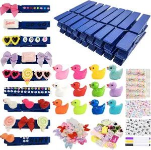 50 Set Cheer Pins Include Wooden Spirit Clips with Mini Resin Ducks Bows Self Adhesive Stickers and Letter Beads for Cheerleader Backpacks Gift (50, Blue)