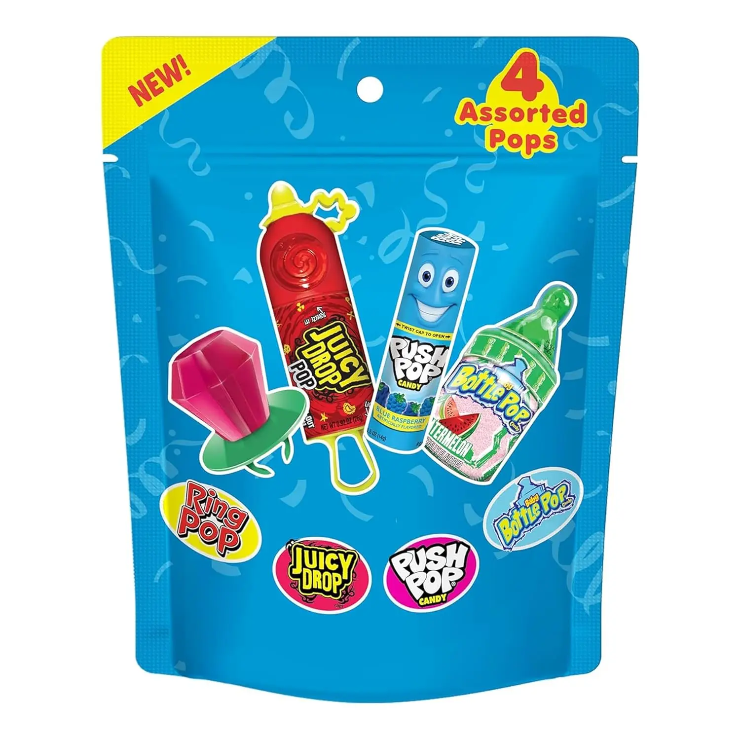 Assorted Candy Variety Pack 4 Count Lollipops - Ring Pop, Push Pop, Baby Bottle Pop & Juicy Drop - Ideal for Kids Party Favors, Party Favor Bags by Bazooka Brands