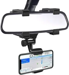 Rear View Mirror Phone Holder Mount, Car Phone Bracket/Stand with° Swivel and Adjustable Clips, Universal Smartphone Cradle, Black