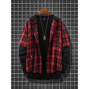 Neutral plaid shirt jacket for spring, summer, autumn, and winter, featuring a long-sleeve hooded design; suitable for everyday casual wear and outdoor sports.