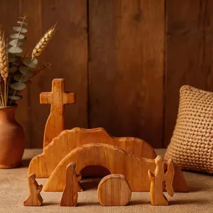 Easter Scene and Christian Cross Decoration, Wooden Easter Resurrection Scene Cross Jesus Tomb Tray Set, Easter Decor for Religious Home Office Tabletop Christian Gifts