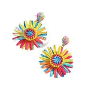 Woven Raffia 3D Embellished Flower Dangle Earrings - Whimsical Floral Boho Niche-Style Jewelry with Sweetheart Studs, Perfect Vacation Accessory and Prom Gift, Whimsical Earrings