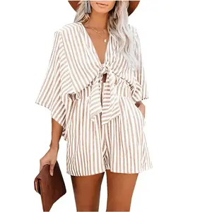 Women’s striped print knot-front romper, casual batwing-sleeve pocket jumpsuit, flattering silhouette summer daily wear back-to-school outfit, rompers/overalls for women