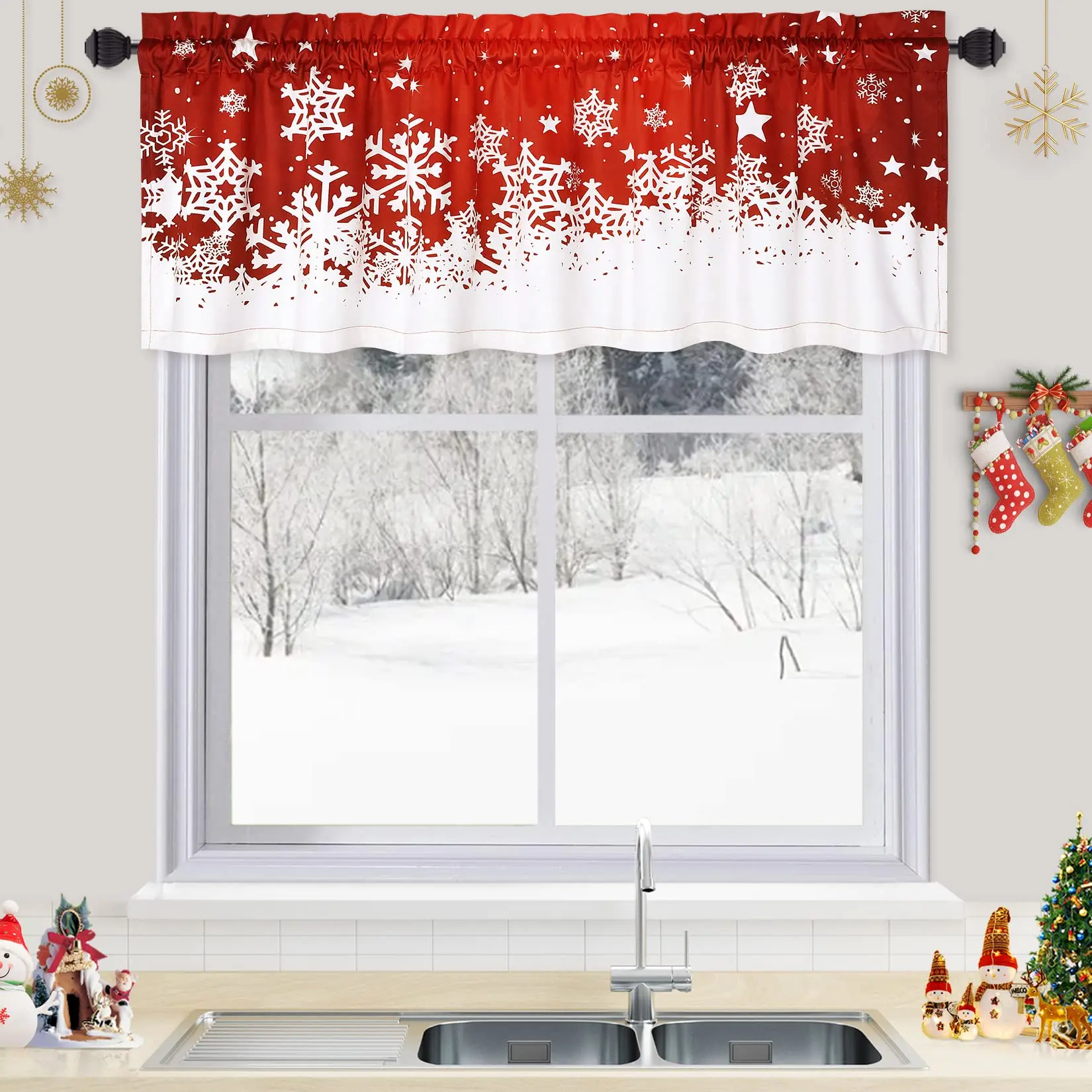 【GARVEE】Cortinas de cozinha de Natal, cortinas curtas de veludo vermelho para janelas, cortinas de café com decoração floral de floco de neve, cortina curta para escurecimento de ambiente com