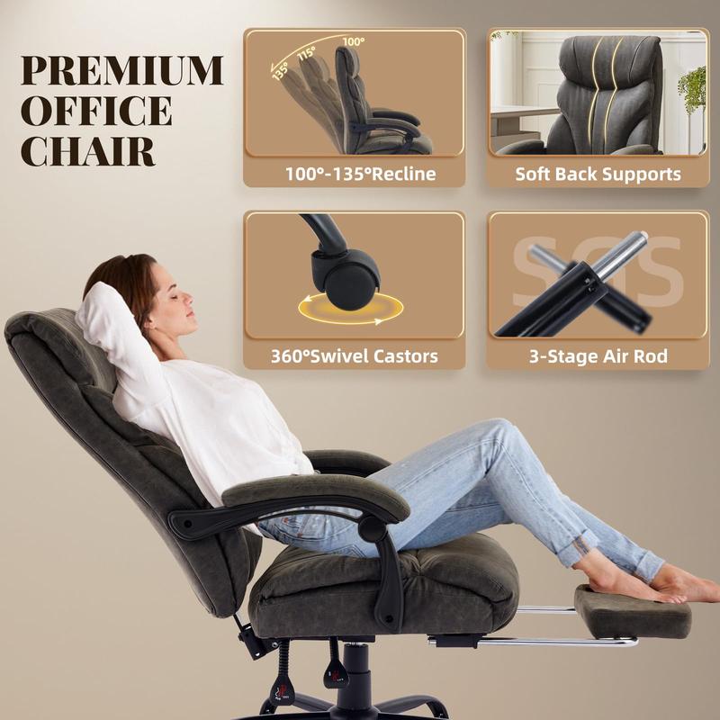 Gray Big and Tall Office Chairs with Foot Rest,500LBS Wide Ergonomic Gaming Chair,100-135°Recline Executive Leather Computer Chairs with Adjustable Height