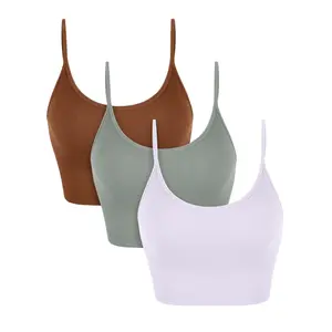 ODODOS 3-Pack Seamless Sports Bra for Women Ribbed Camisoles Wireless Yoga Bra Crop Tank Tops Springtok Athleisure
