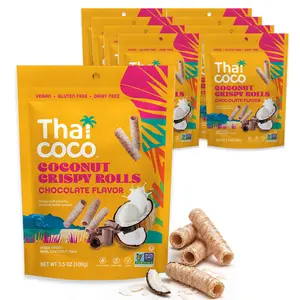 Thai Coco Chocolate Crispy Coconut Rolls 8 Bag (3.5 oz) - Organic Tropical Snack, Vegan, Gluten-Free, Dairy-Free, Non-GMO, Light Fluffy Healthy Snack