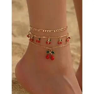 3pcs/Set Cherry Pendant Anklet, Cute Cherry Tassel Foot Jewelry Fashion Anklet Set