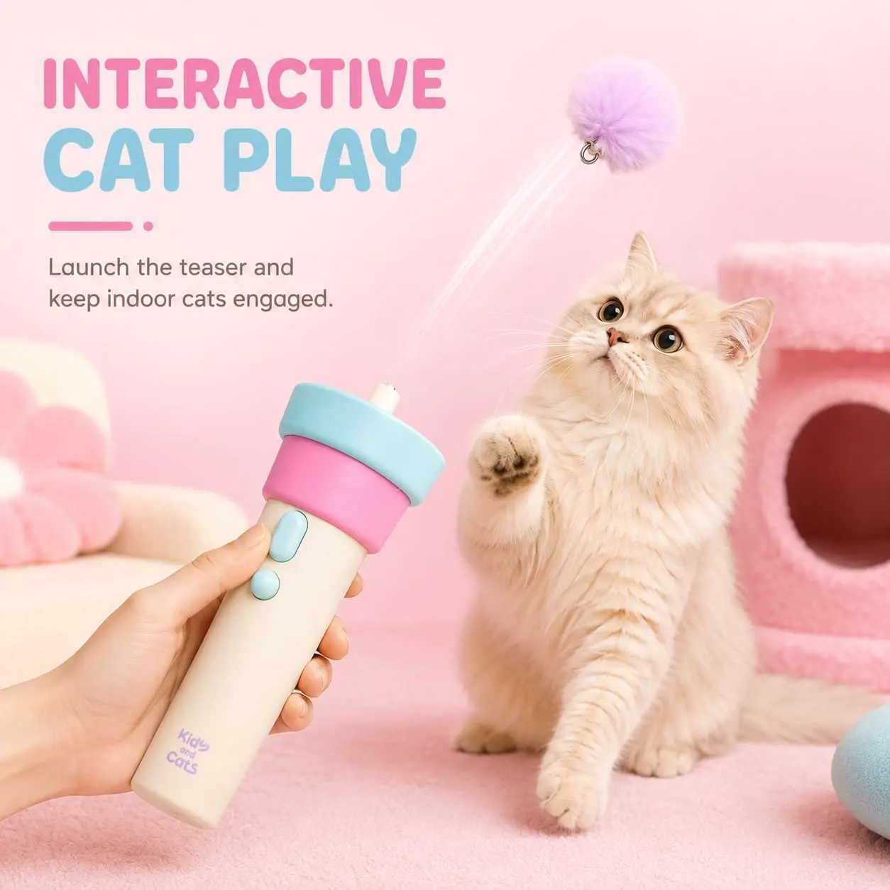 Automatic Cat Teaser Launcher, Electric Cat Wand Toy with Retractable Rope and Fuzzy Ball, Interactive Cat Toys for Indoor Cats, Funny Exercise & Enrichment Toy