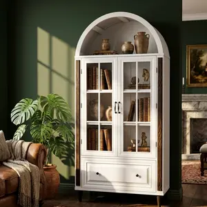 NIVISRE 71-in Tall Arched Wooden Bookcase with Glass Doors & Adjustable Shelves, Multi-Functional Filing/Display Cabinet for Home Office & Living Room, White