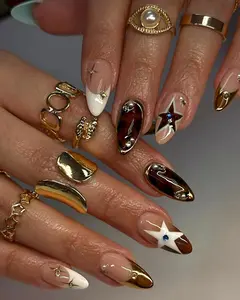 Midnight Rodeo Press On Nails – Tortoise Shell and Gold French Tips with Western Star Art, Luxury Brown Almond Nails